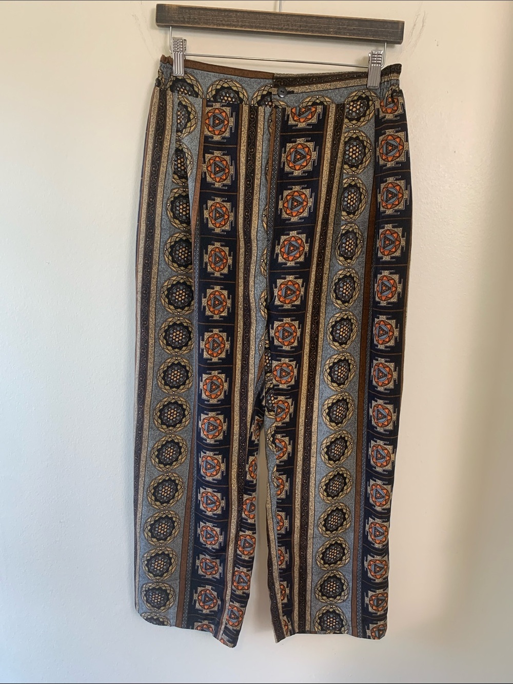 Striped Geo-Print High Rise Trousers in Navy and Rust, pockets